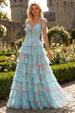 Blue Pink Flower A Line Tiered Ruffle Long Prom Dress with Lace Up Back