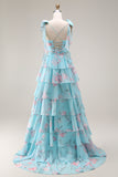 Blue Pink Flower A Line Tiered Ruffle Long Prom Dress with Lace Up Back