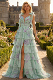 Blue Pink Flower A Line Tiered Ruffle Long Prom Dress with Lace Up Back