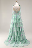 Blue Pink Flower A Line Tiered Ruffle Long Prom Dress with Lace Up Back