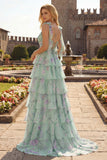 Blue Pink Flower A Line Tiered Ruffle Long Prom Dress with Lace Up Back