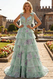 Blue Pink Flower A Line Tiered Ruffle Long Prom Dress with Lace Up Back