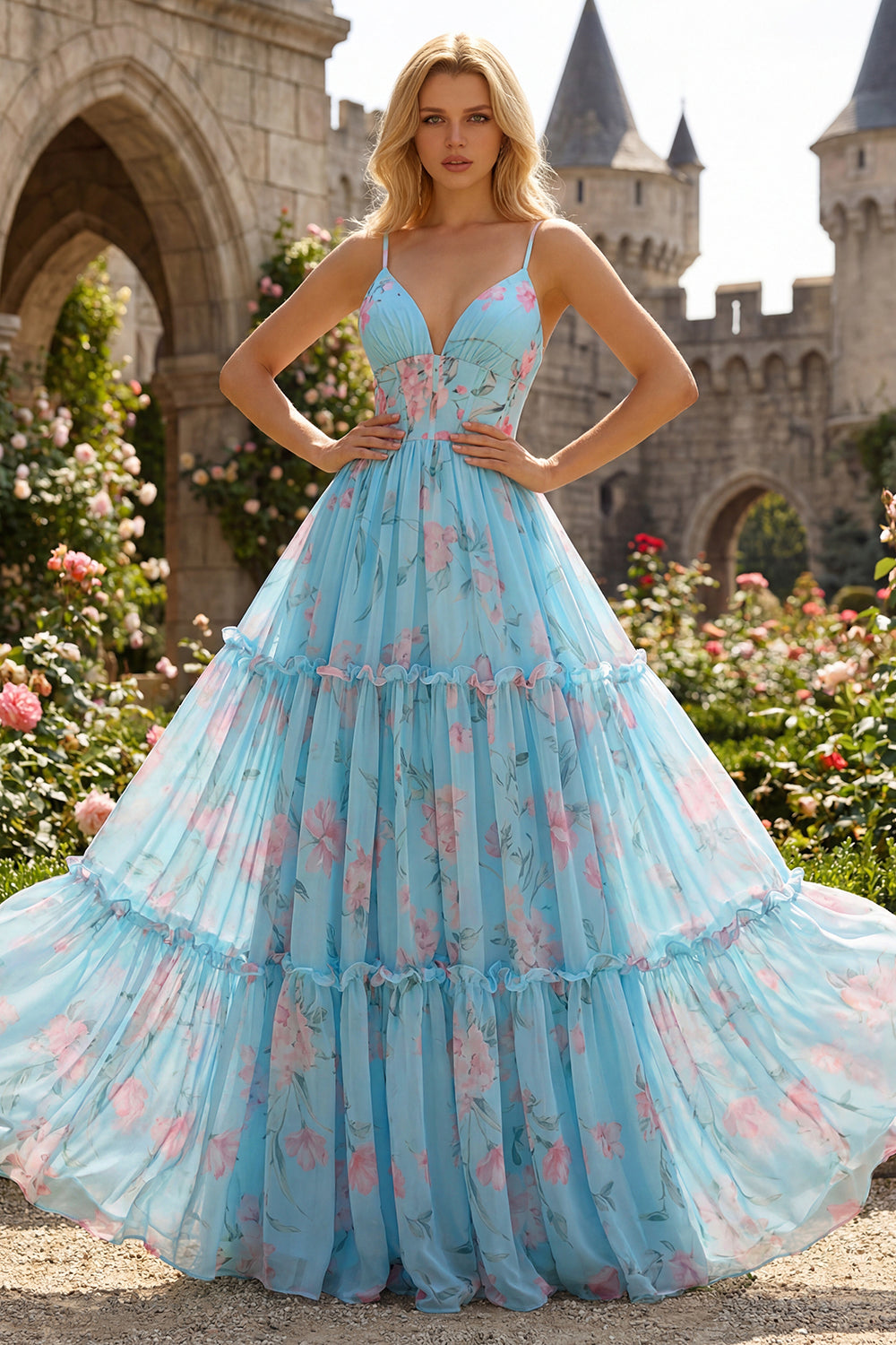 WEDTREND Women Blue Pink Flower A Line Prom Dress Corset Printed Spaghetti Straps Long Party Dress, Blue Pink Flower / US6