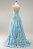 Blue Pink Flower A Line Corset Printed Spaghetti Straps Long Prom Dress