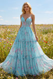 Blue Pink Flower A Line Corset Printed Spaghetti Straps Long Prom Dress