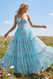 Blue Pink Flower A Line Corset Printed Spaghetti Straps Long Prom Dress