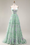 Blue Pink Flower A Line Corset Printed Spaghetti Straps Long Prom Dress