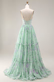 Blue Pink Flower A Line Corset Printed Spaghetti Straps Long Prom Dress