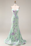 Green Purple Flower Mermaid Spaghetti Straps Long Prom Dress