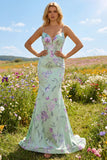 Green Purple Flower Mermaid Spaghetti Straps Long Prom Dress