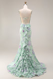 Green Purple Flower Mermaid Spaghetti Straps Long Prom Dress