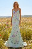 Green Purple Flower Mermaid Spaghetti Straps Long Prom Dress