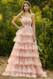 Strapless Blush A Line Tiered Ruffle Corset Long Prom Dress with Slit
