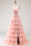 Blush Floral A Line Strapless Tiered Ruffle Corset Long Prom Dress with Slit