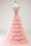 Blush Floral A Line Strapless Tiered Ruffle Corset Long Prom Dress with Slit