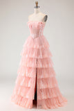 Blush Floral A Line Strapless Tiered Ruffle Corset Long Prom Dress with Slit