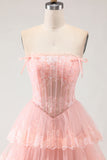 Blush Floral A Line Strapless Tiered Ruffle Corset Long Prom Dress with Slit