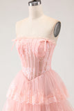 Blush Floral A Line Strapless Tiered Ruffle Corset Long Prom Dress with Slit