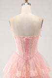 Blush Floral A Line Strapless Tiered Ruffle Corset Long Prom Dress with Slit