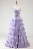 Lilac Floral A Line Strapless Tiered Ruffle Corset Long Prom Dress with Slit