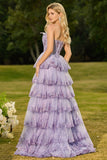 Lilac Floral Strapless A Line Tiered Ruffle Corset Long Prom Dress with Slit