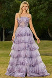 Lilac Floral Strapless A Line Tiered Ruffle Corset Long Prom Dress with Slit