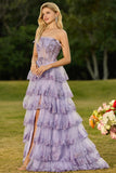 Lilac Floral Strapless A Line Tiered Ruffle Corset Long Prom Dress with Slit