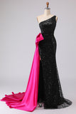 Sparkly One Shoulder Sequin Black Mermaid Long Prom Dress with Sash