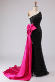 Sparkly One Shoulder Sequin Black Mermaid Long Prom Dress with Sash