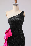 Sparkly One Shoulder Sequin Black Mermaid Long Prom Dress with Sash