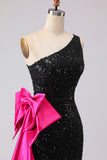 Sparkly One Shoulder Sequin Black Mermaid Long Prom Dress with Sash