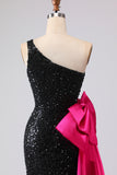 Sparkly One Shoulder Sequin Black Mermaid Long Prom Dress with Sash