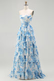 White Blue Flower A Line Strapless Tiered Ruffle Corset Beaded Long Prom Dress with Slit