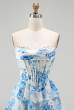 White Blue Flower A Line Strapless Tiered Ruffle Corset Beaded Long Prom Dress with Slit