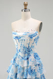 White Blue Flower A Line Strapless Tiered Ruffle Corset Beaded Long Prom Dress with Slit
