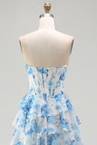 White Blue Flower A Line Strapless Tiered Ruffle Corset Beaded Long Prom Dress with Slit