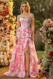 White Pink Flower A-Line Sweetheart Corset Sequins Tiered Long Prom Dress with Slit