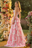 White Pink Flower A-Line Sweetheart Corset Sequins Tiered Long Prom Dress with Slit