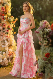White Pink Flower A-Line Sweetheart Corset Sequins Tiered Long Prom Dress with Slit