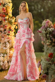 White Pink Flower A-Line Sweetheart Corset Sequins Tiered Long Prom Dress with Slit