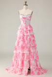 White Pink Flower A-Line Sweetheart Corset Sequins Tiered Long Prom Dress with Slit