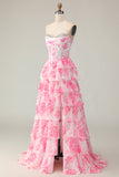 White Pink Flower A-Line Sweetheart Sequins Corset Tiered Long Prom Dress with Slit