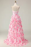 White Pink Flower A-Line Sweetheart Corset Sequins Tiered Long Prom Dress with Slit