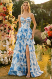 White Blue Flower A-Line Strapless Corset Tiered Long Prom Dress with Slit