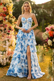 White Blue Flower A-Line Strapless Corset Tiered Long Prom Dress with Slit