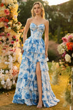 White Blue Flower A-Line Strapless Corset Tiered Long Prom Dress with Slit