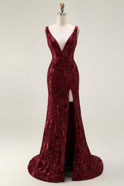 Burgundy Mermaid V-Neck Sequins Backless Long Prom Dress with Slit