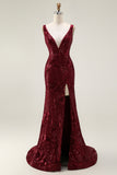 Burgundy Mermaid V-Neck Sequins Backless Long Prom Dress with Slit