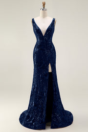 Sparkly Mermaid V-Neck Sequins Backless Navy Long Prom Dress with Slit