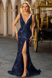 Sparkly Mermaid V-Neck Sequins Backless Navy Long Prom Dress with Slit